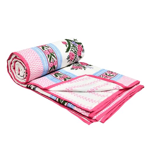 Image of BLOCKS OF INDIA 100% Cotton Dohar King Size Reversible Hand Block Printed Malmal Summer Dohar /Blanket (Pink Green Bunch)