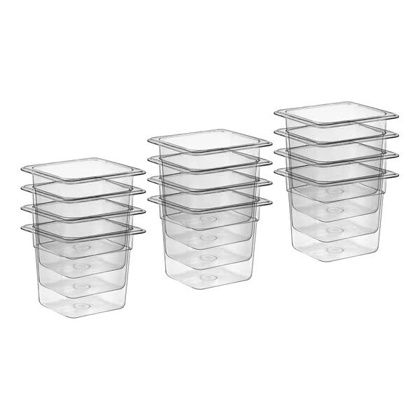 Clear Polycarbonate Food Pan Set, 1/6 Size, 6 Inch Deep, Rectangle, Stackable, Chemical-Resistant, NSF Listed, 12 Piece Set