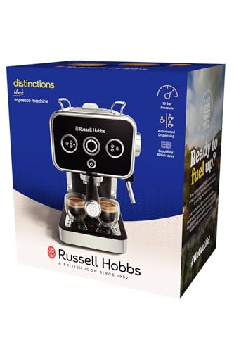 Image of Russell Hobbs Distinctions Espresso Coffee Machine | 1350W 15 Bar Pump Pressure + Milk Frother Steam Wand, Latte & Cappuccino | Detachable Water Tank, ESE pods, Cup warmer, Black, SS| 26450
