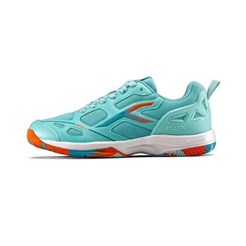 Image of Hundred Raze Pro II Badminton Shoes (Non Marking) Indoor Sports | Lightweight & Durable | X-Cushion | Active Grip Sole | Extended Heel Lock (Turquoise /Orange /White ; UK 5)