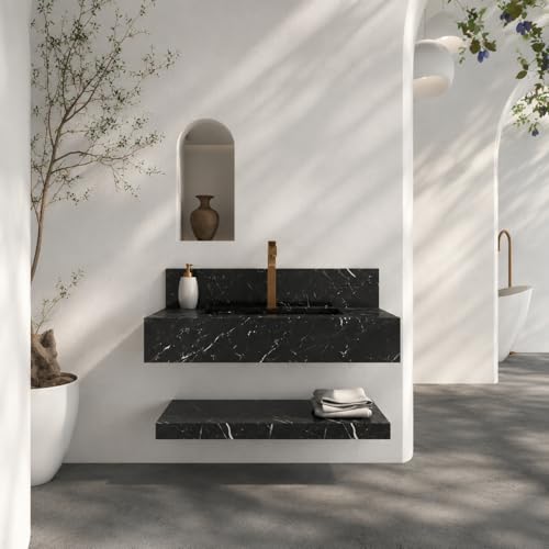 Image of BANZER JABON BAGNO Without Mirror Bathroom Vanity Set with Ceramic Wash Basin & Storage Shelf | Wall Mounted Bathroom Vanity Cabinet | Black Ceramic Heavy Tile Finish | 60x50cm