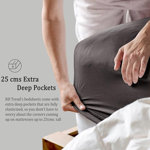 Image of RD TREND Satin Fitted Solid Bedsheet King Size 78x72x10 Inch, Elastic Bedsheets for King Size Bed with 2 Pillow Covers-18x28 Inch (Dark Coffee), 400 TC