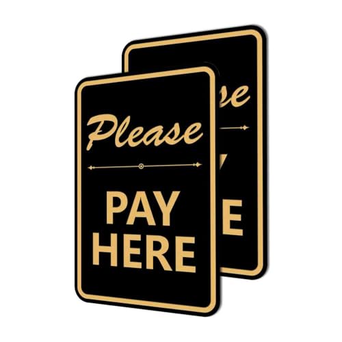 Portrait Round Please Pay Here Sign with Adhesive Tape, Mounts On Any Flat Surface (Black Gold) - X-Large (2 Pack)