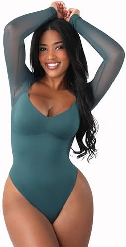 FeelinGirl Long Sleeve Bodysuit for Women Sexy Mesh V Neck Body S...