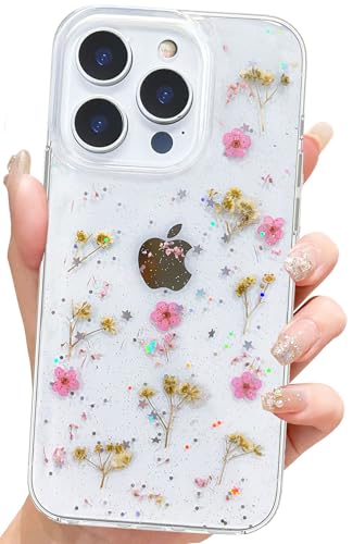Coque iPhone 16 Pro Max fleurs séchées et paillettes roses en TPU souple antichoc
