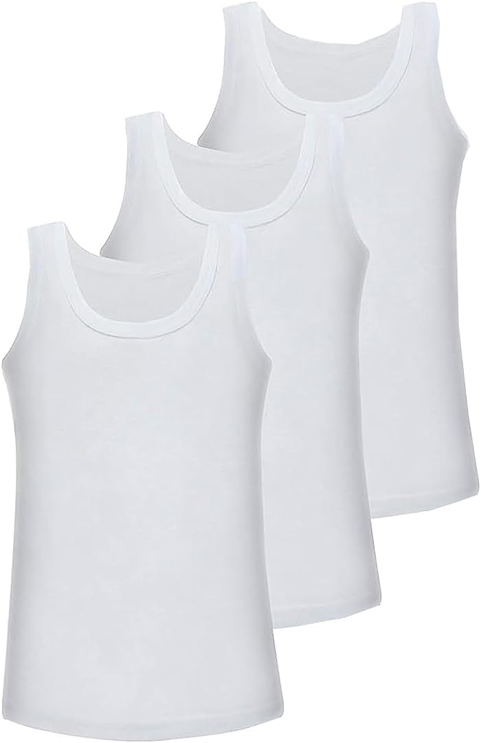 COSHALChildren’s Vest 100% Cotton Boys White Sleeveless Vest Plain Undershirts Slim Fit Summer Top Vest Every-Day wear, Kids Back to School Boys Girls Vest Shirts Sizes 2-13 Years (Pack 3)