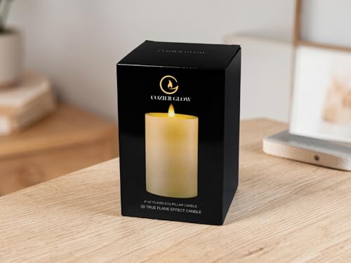 Image of Flameless Pillar Candles Flickering with Remote Timer, Battery Operated LED Candles Up to 400 Hours, 3d Moving Flame Real Wax Candles, D4 x H6, Remote Included (Ivory with Art Water, 4inx6in)