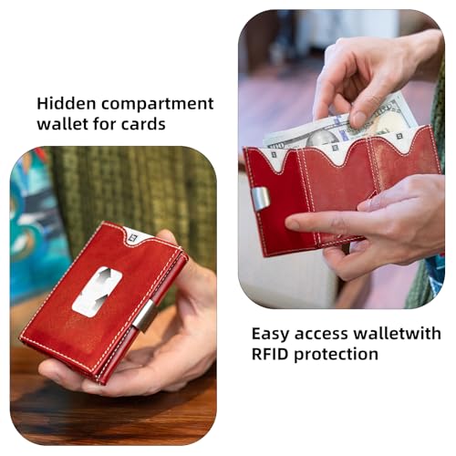 Image of LLH Leather Trifold Wallet - RFID Blocking with Stainless Steel Locking Clip Wallet, Minimalist Front Pocket RFID Blocking Credit Card Holder (Red)