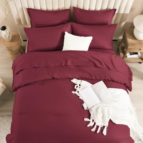 Image of Litanika Oversized Queen Size Comforter Set Burgundy - 7 Pieces Bed in a Bag Oversized Beddding Sets, Solid Lightweight Bed Set with Comforter, Sheets, Pillowcases & Shams