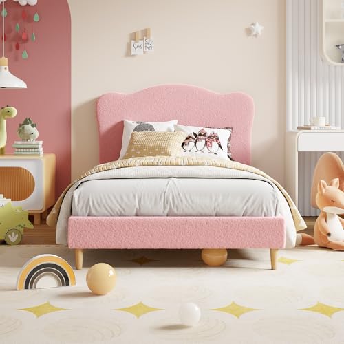 Image of GarveeHome Upholstered Full Size Bed Frame for Kids with Scallop Headboard, Cute Velvet Full Bed for Girls, Boys, Sturdy Platform Bed, No Box Spring Needed, Wooden Slats, Noise Free, Pink