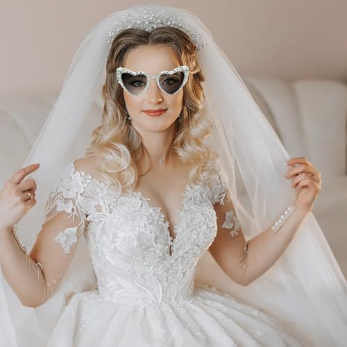 Delphinus Bridal Sunglasses, Heart-Shaped Glasses Bride's Gift White Pearl and Rhinestone Glasses for Singles Parties4