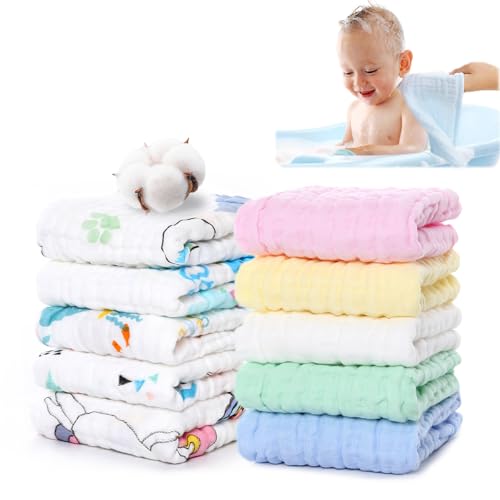 WYTNB 25x25cm Cuadros de Muselina de Bebes Pequeños Reutilizables, 10Pcs Toallas Transpirables de Recién Nacido de Limpieza Facial Multiuso, Toallitas de Algodón Absorbentes de Bebe Suaves para Niños