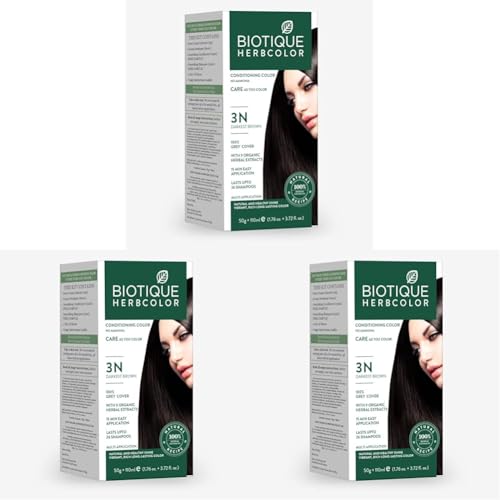 Biotique Herbcolor Conditioning Hair Colour l Ammonia Free Hair Color l 9 Organic Herbal Extracts l Natural and Healthy Shine l 50g + 110ml| Darkest Brown 3N (Pack of 3)
