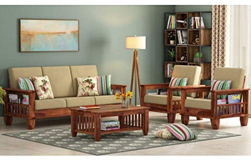 Image of Solid Sheesham Teak Wood Wooden 5 Seater Sofa Set Without Pillow- Cream Cushions | Teak Finish