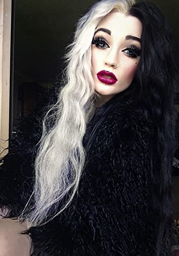 Mildiso Long Wavy Curly Wigs for Women Ombre Black Blonde Two Tone Synthetic Heat Resistant Hair Wig, 26’’ Goth Wig for Cosplay Party Halloween Daily Use with Comfortable Wig Cap M051GD