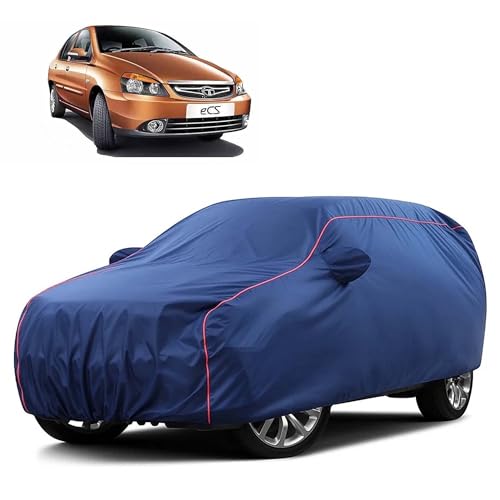 Image of Sulfar 100% Water Resistant Car Body Cover Compatible with Mirror for Tata Indigo ECS (Triple Stitched, Full Bottom Elastic, Blue Taffeta with Red Piping)