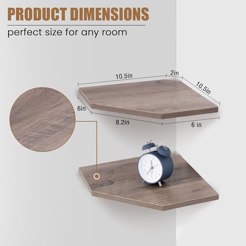 Image of Fun Memories Corner Shelf Wall Mount, Floating Corner Shelves, Set of 2 Corner Wall Shelf Organizer, Rustic Wood Wall Storage Display Shelves for Living Room Bedroom Bathroom Kitchen, Rustic Grey