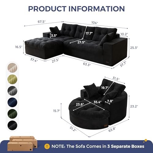 Image of MAXYOYO L Shape Sectional Sofa Couch and Round Chaise Lounge, Modern Cloud Couch with Ottoman, Comfy Sofa with Layered Cushion, Tufted Upholstered Sleeper Chair for Living Room, No Assembly Required