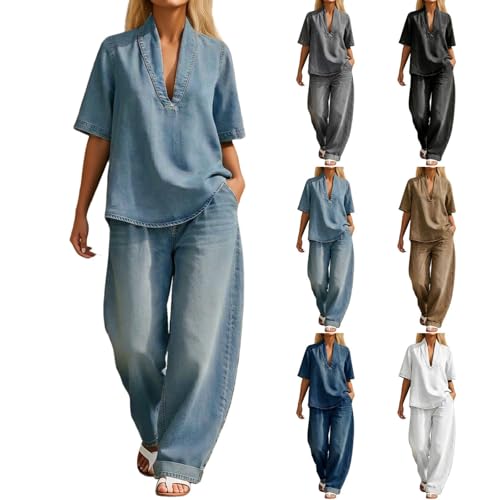 Denim Set for Women 2 Piece Denim Set for Women 2 Piece Summer Cozy Short Sleeve V Neck Loose Tops Wide Leg Jean Pants Casual Going out Two-Piece Matching Suits Outfits #Light Blue L