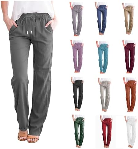 Womens Summer Linen Pants Casual Straight Leg