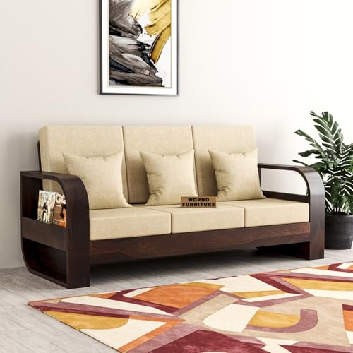Image of Sheesham Wooden 3 Seater Sofa for Living Room | Solid Wood Sofa | Rosewood Sofa Set for Home & Office | Lounge (Walnut,Beige, 3 Seater)