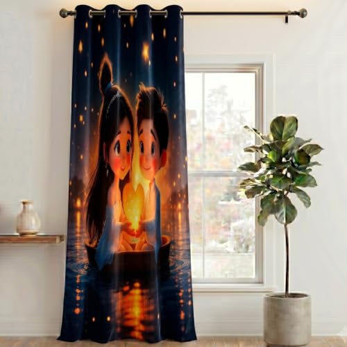 Image of Home Sizzler 7D Cartoon Couple Night Sky Eyelet Polyester Room Darkening Door Curtains - 7 Feet (Pack of 1)