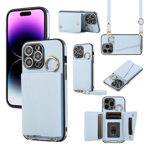 Housse de poche iPhone 14 Plus cordon lanière amovible bleu pour les sorties