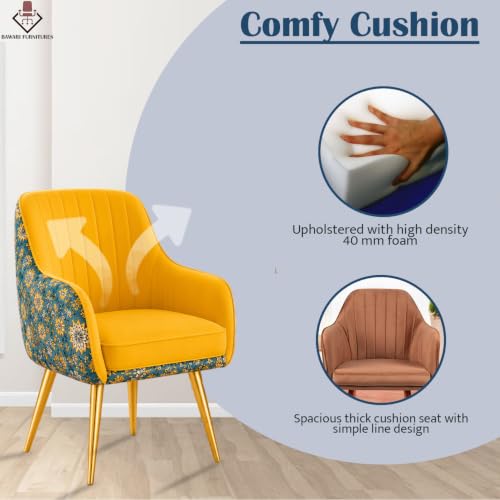 Image of Set of 2 Accent Chair for Living Room | Modern Armchair in Soft Velvet Fabric with Sturdy Legs | Premium Chair for Home Living Room Bedroom Restaurent | (Gold Legs, Yellow Floral)