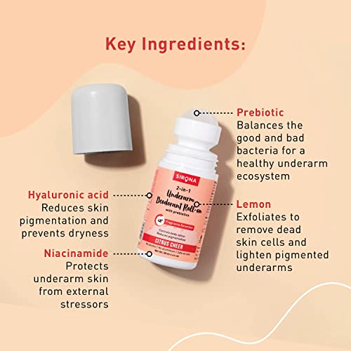 Image of Sirona Underarm Roll On -50 ml (Pack of 1) | with 0.5% Prebiotic, 0.5% Niacinamide & 0.1% Hyaluronic Acid | Prevents Body Odour & Exfoliates Underarms | Lemon Fragrance | Alcohol & Aluminium Free