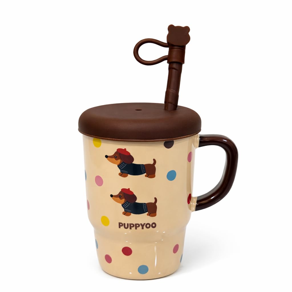 Vasukie Puppy Coffee Mug with Lid & Silicone Spoon with Cap, Mugs for Coffee, Rakhi for Brother, Birthday Gift, Ceramic Mug, (Puppy Mug)