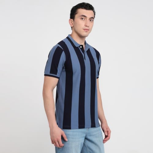 Image of Raymond Men Modern Fit Stripe Pattern Pure Cotton Polo Neck Half Sleeve Casual T-Shirt