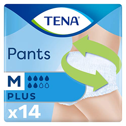 TENA Pants Plus x14 - Ropa Interior Absorbente para Incontinencia y Pérdidas de Orina Abundante - Diseño Unisex Cómodo y Transpirable - 14 Braguitas Desechables - Blanco - Talla M