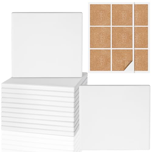 GOH DODD Keramikfliesen zum Basteln, 12 Stück 10cm Keramik Bemalen Set Leere Untersetzer, Unglasierte Keramik-weiße Fliesen mit Kork-Stützpads zum Malen, Alkoholtinte, Acrylgießen, DIY, Quadratisch