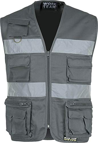 Work Team Chaleco Tipo Safari Multibolsillos con 2 Cintas Reflectantes. Hombre Gris XL