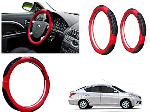 Image of Microfiber Car Steering Wheel Cover, Soft Padding Great Hand Feel, Anti-Slip, Faux Leather Steering Cover for Nissan Sunny | Black Red Jali - Pack of 1