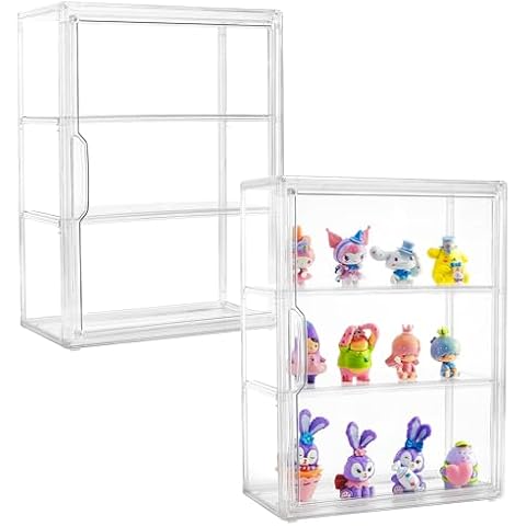 Acrylic Display Case for Collectibles 3 Tier Figure Display Case with 2 Movable Plates Clear Display Case for Figures with Magnetic Door Tall Display Box, 2 Pack Cover