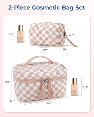 Image of BAGSMART Travel Makeup Bag, 2-Piece Puffy Quilted Cute Make Up Bag Cosmetic Bags for Women, Large Wide-Open Toiletry Pouch Gifts for Toiletries Accessories Travelling Essentials, Checkered Blue