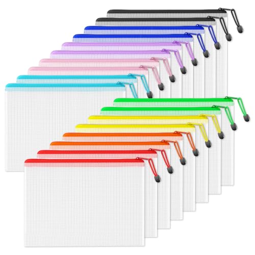 Image of SUNEE Plastic Mesh Zipper Pouch 11x15 in (9 Colors, 18 Packs),Extra Large Water-Resistant Zip Bag for School Office Supplies, Puzzles & Games Organizing Storage