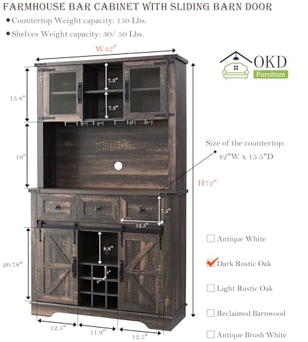 OKD-72-Farmhosue-Bar-Cabinet-with-Sliding-Barn-Door-Large-Kitchen-Buffet-with-Hutch-wWine-Glasses-Rack-3-Drawers-12-Storage-Shelves-Rustic-Coffee-Bar-Sideboard-Table-Dark-Rustic-Oak OKD 72 Farmhosue Bar Cabinet with Sliding Barn Door Large Kitchen Buffet with Hutch wWine Glasses Rack 3 Drawers 12 Storage Shelves Rustic Coffee Bar Sideboard Table Dark Rustic Oak