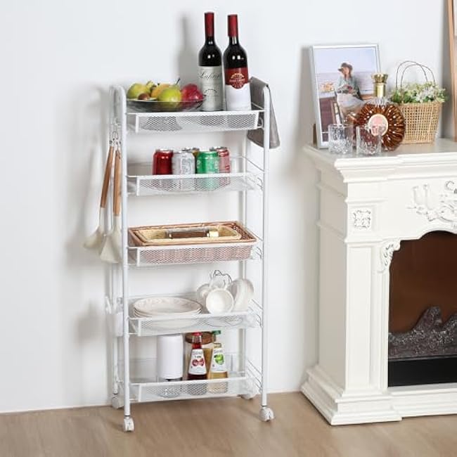 Slim Fruit Cart Fruit Basket Stand Vegetable Holder Stand for Kitchen Metal Wire Fruit Basket Organizer Stand for Kitchen Produce Storage Bins Rack, 6 Hooks & 2 Side Rack (White, 5-Layers)-aWNAGaaI