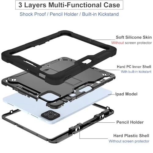 Image of WHITBULL 3 Layer Armor case Cover with Kickstand Compatible with iPad Air 11 Inch Case M4 /M3 /M2 (2026 /2025 /2024), iPad Air 5th /4th Gen (2022 /2020) with S Pen Holder, Black