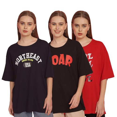 Image of Mack Jonney Printed Round Neck Cotton Regular Fit Oversize Half Sleeves Tshirt for Women(Pack of 3)-MACK631145