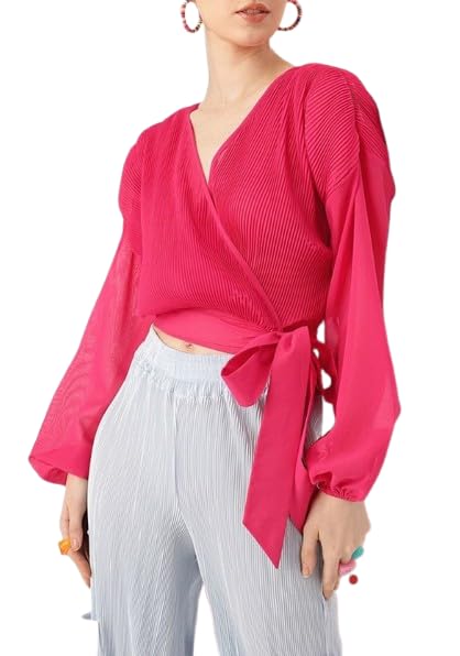 pinkhub Women's Fuchsia Pleated Wrap Blouse Top, V-Neck, Balloon Sleeves, Tie Waist-picture-50