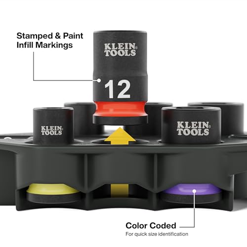 Image of Klein Tools 80206 Grab-And-Go Impact Socket Sets, SAE and Metric, 14-Piece Set with Sleeves, Carabiners, 3 /8-Inch Drive, Color-Coded, 1 /4-Inch to 9 /16-Inch, 8 mm to 15 mm Sockets