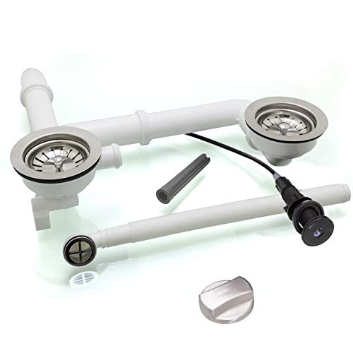 Spülenablauf 3 1/2" für Doppelbecken runder Überlauf 2 x Siebkorbventil Ø 114 mm Ablaufgarnitur EXA35/2-RS-10-9-6 mit Drehexcenter Auswahl Edelstahl gebürstet Cover