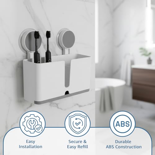 Image of Amazon Basics Toothbrush and Bathroom Organiser | Wall-Mounted | Self-Adhesive with Drain Tray | White | Plastic | 21L x 8W x 19H cm