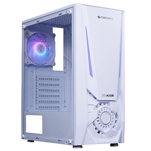 Image of ZEBRONICS AGOJIE Mid-Tower Premium Gaming Cabinet - ATX /M-ATX /M-ITX, 1 x 120 mm RGB Inner Glow Rear Fan, LED Strip with Control Switch, Tempered Glass Side Panel, USB 3.0, USB 2.0 (White)
