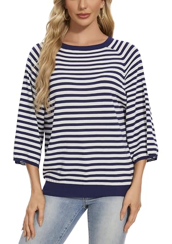 Image of Betu Women Striped Crewneck Batwing 3 /4 Sleave Fall Oversized Ribbed Knit Pullover Sweaters, 520 S