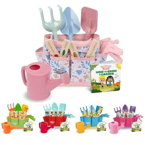 Floral Garden Kit Tools - Includes Sturdy Tote Bag, Watering Can, Gloves, Shovels, Rake, and Delightful Children's Book - Kids Garden Tool Set -Easter Gifts for Toddler Age on up