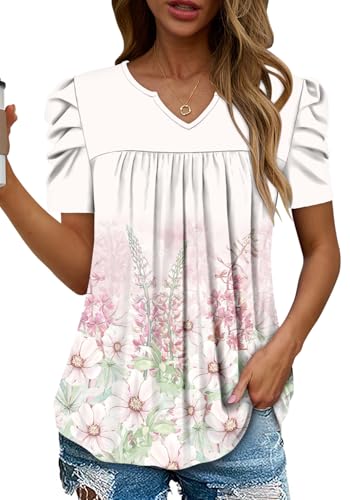 KISSMODA Tops for Womens Summer Cute Short Sleeve Shirts Trendy Notched Neck Blouses Casual Loose Pleated Tunics S-3Xl